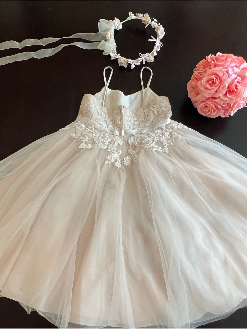 David's Bridal Ivory Blush Tulle Flower Girl Dress with Lace Bodice